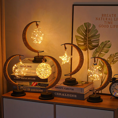 LED Star Moon Light Apple Vine Ball Creative Table Lamp Hemp Rope Iron Art USB Decorative Night Light