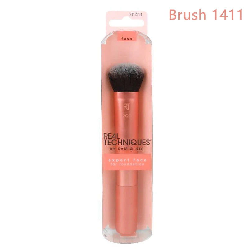 Real Techniques Expert Face Brush 1411 for foundation, featuring a soft nylon bristle in a plastic handle.