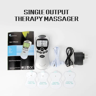 Digital therapy massager with manual, pads, and cables for pain relief and relaxation.