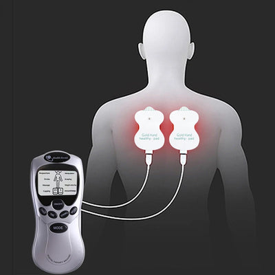 Electric body massager with electrodes on a mannequin's back for pain relief and relaxation.