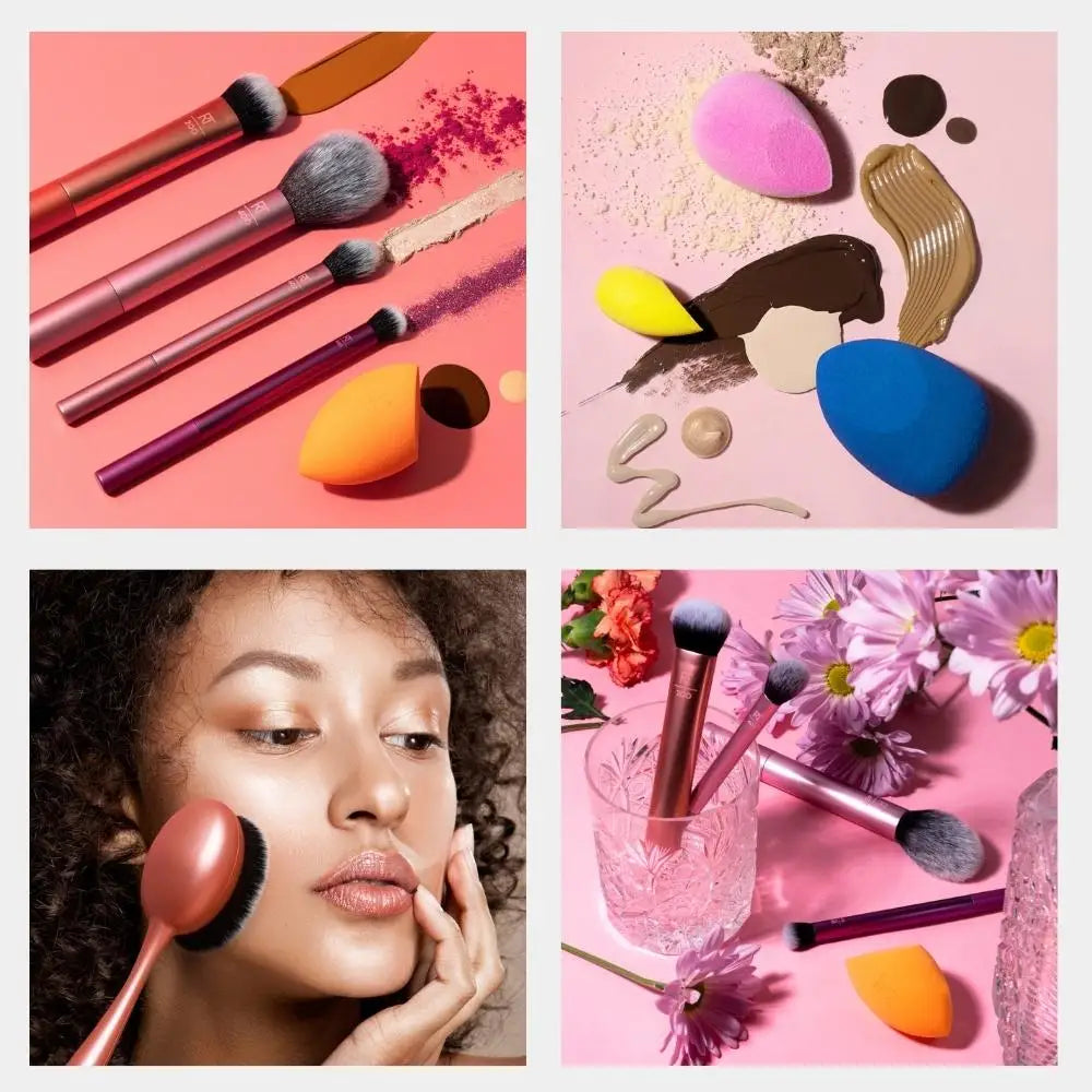 Real Techniques makeup brushes and sponges for blending and application, featuring colorful tools on a vibrant background.
