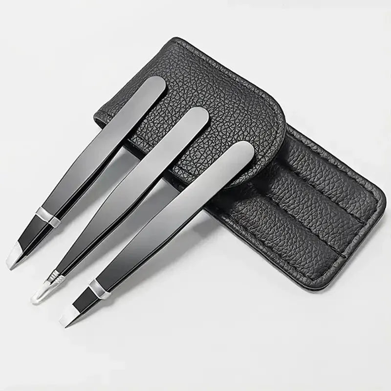 3pcs Beauty Tools Set: Premium Stainless Steel Eyebrow Tweezers with Sharp Precision Flat, Oblique & Pointed Tips for Perfect
