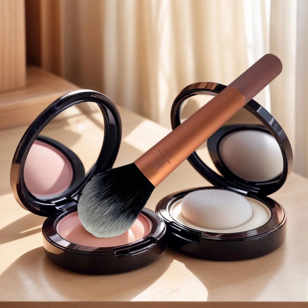 Real Techniques makeup brush set with powder blush and foundation in compact containers.