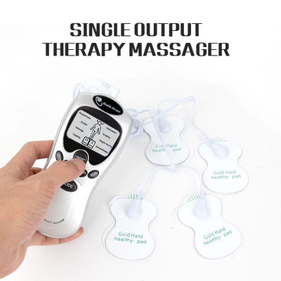 Electric single output therapy massager with electrode pads for pain relief and relaxation.