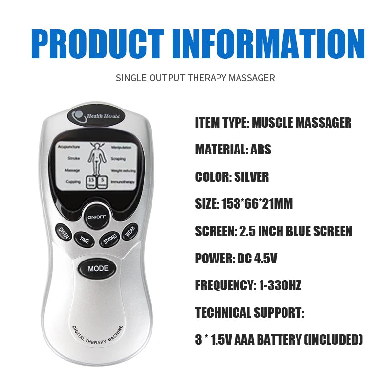 Silver single output muscle massager with blue screen for body therapy, item information and specifications included.