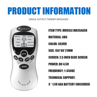 Silver single output muscle massager with blue screen for body therapy, item information and specifications included.