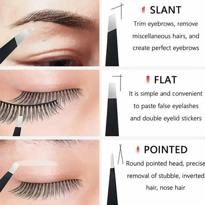 3pcs Beauty Tools Set: Premium Stainless Steel Eyebrow Tweezers with Sharp Precision Flat, Oblique & Pointed Tips for Perfect