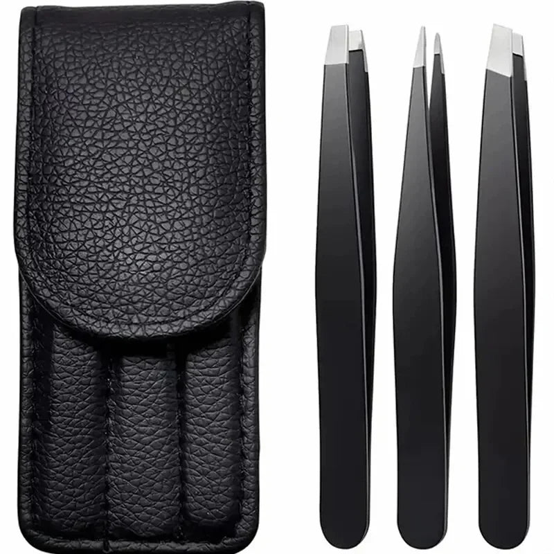 3pcs Beauty Tools Set: Premium Stainless Steel Eyebrow Tweezers with Sharp Precision Flat, Oblique & Pointed Tips for Perfect