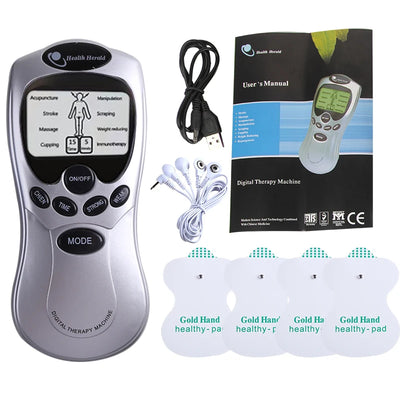 Digital therapy machine with user manual, wires, and electrode pads for enhanced muscle relief and relaxation.