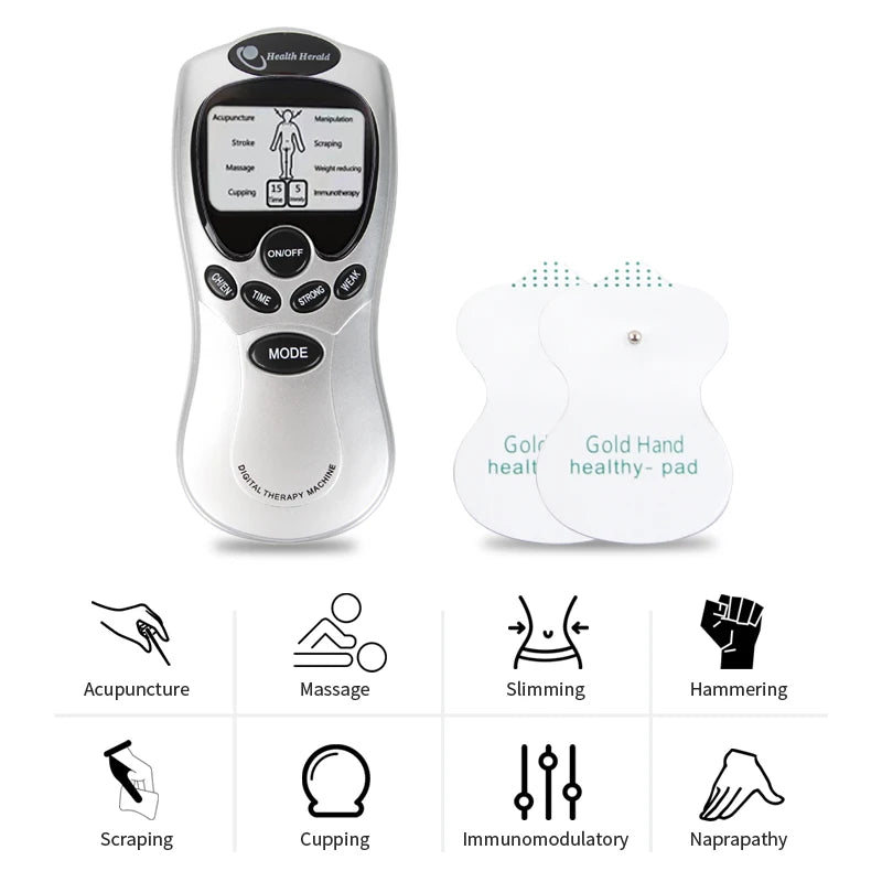 Electric massage instrument with control panel and therapy pads for acupuncture, massage, and pain relief.