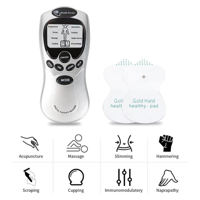 Electric massage instrument with control panel and therapy pads for acupuncture, massage, and pain relief.